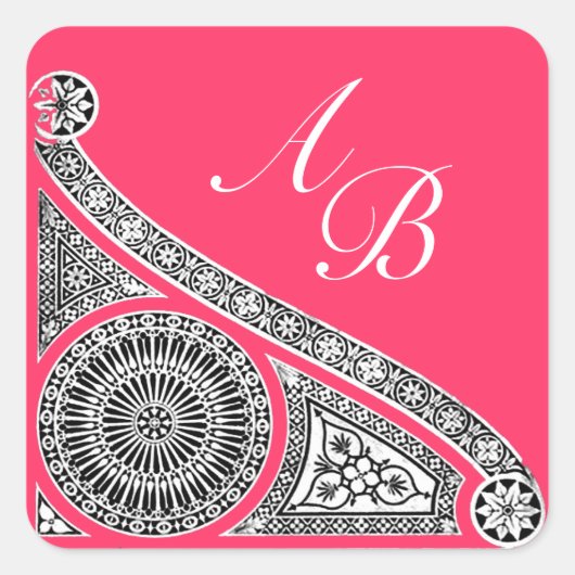 RENAISSANCE MONOGRAM roze fuchsia zwart wit Vierkante Sticker (Voorkant)