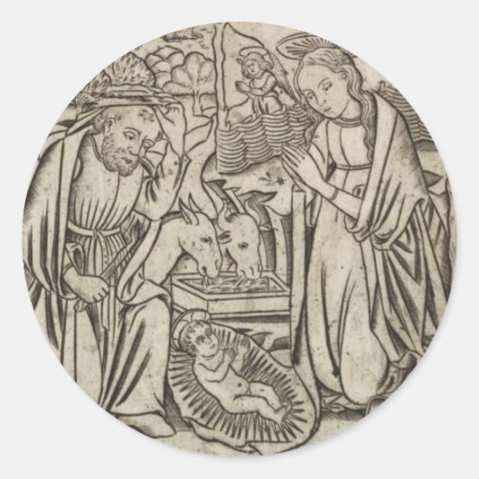 RENAISSANCE PRINT OF NATIVITY CHRISTMAS KAART RONDE STICKER (Voorkant)