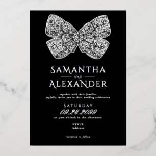 Renaissance Regency Bow Zwart Fotobruiloft Folie Uitnodiging