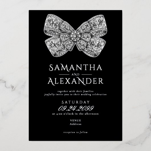 Renaissance Regency  Bow Zwart Fotobruiloft Folie Uitnodiging (Voorkant)