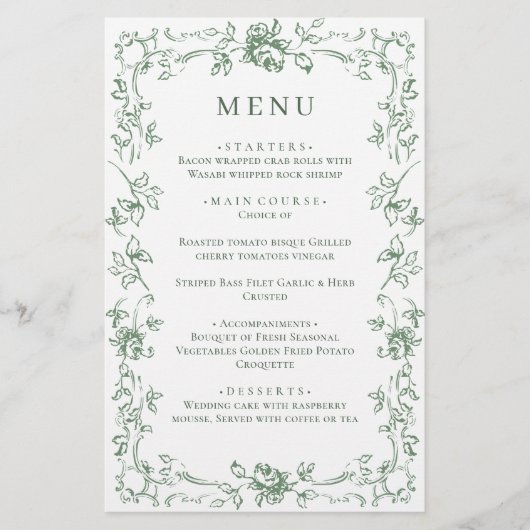Renaissance Sage Green Bloemen Trouwmenu (Voorkant)