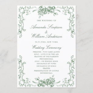 Renaissance Sage Green bruiloft ceremonie Programmakaart