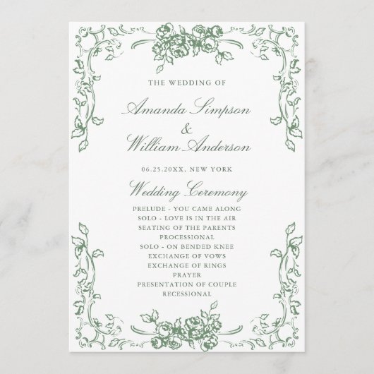 Renaissance Sage Green bruiloft ceremonie Programmakaart (Voorkant)