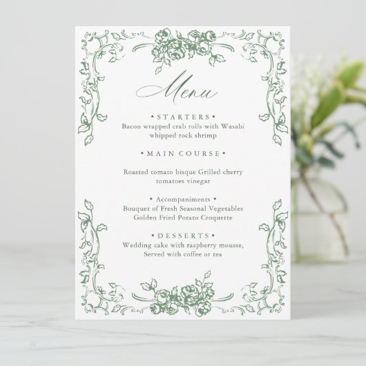 Renaissance Sage Green Floral Wedding Menu (Staand voorkant)