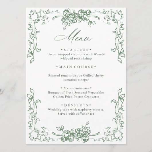 Renaissance  Sage Green Floral Wedding Menu (Voorkant)