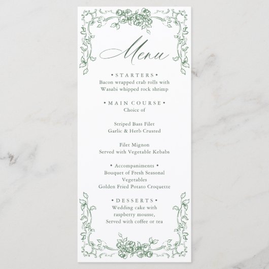 Renaissance Sage Green Floral Wedding Menu (Voorkant)