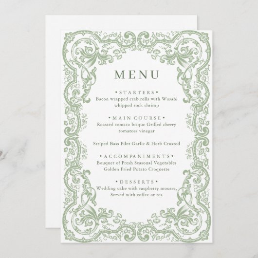 Renaissance  Sage Green Floral Wedding Menu (Voorkant / Achterkant)