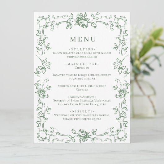 Renaissance Sage Green Floral Wedding Menu (Staand voorkant)