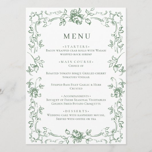 Renaissance  Sage Green Floral Wedding Menu (Voorkant)