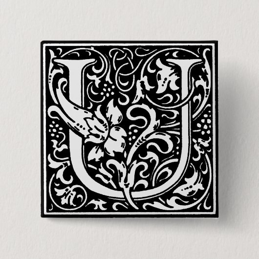 Renaissance Stijl Alfabet Letter U - Pin Vierkante Button 5,1 Cm (Voorkant)