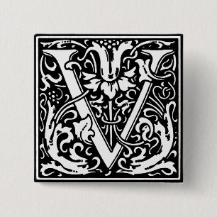 Renaissance Stijl Alfabet Letter V - Pin Vierkante Button 5,1 Cm