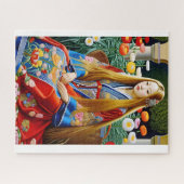 Renaissance stijl maiden in blauw-schilderij legpuzzel (Horizontaal)