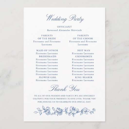 Renaissance stoffige blauwe huwelijksceremonie programmakaart (Achterkant)