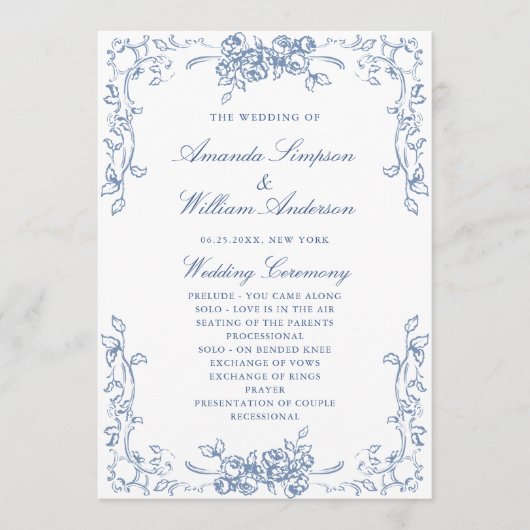 Renaissance  stoffige blauwe huwelijksceremonie programmakaart (Voorkant)