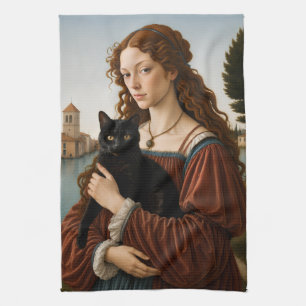 Renaissance-vrouw met een zwarte kat theedoek