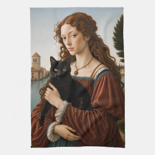 Renaissance-vrouw met een zwarte kat theedoek (Verticaal)