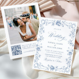 Renaissance Weelderige Bloemige Stof Blauwe Trouw Kaart