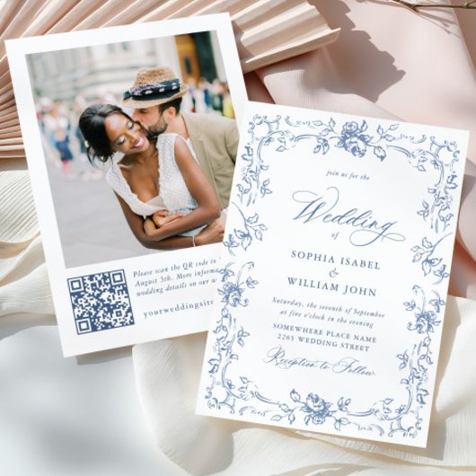 Renaissance Weelderige Bloemige Stof Blauwe Trouw Kaart