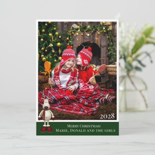 Rendeer Plaid Eenvoudige Voeg Eigen Foto Toe Kerst Feestdagenkaart (Staand voorkant)