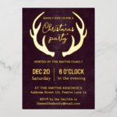 Rendier Antlers Modern Bourgondisch Kerstfeest Folie Uitnodiging (Voorkant)