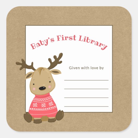 Rendier baby's eerste bibliotheek boekenplaat vierkante sticker (Voorkant)