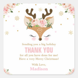 Rendier Bloemen Sneeuwvlokken Kerstmis Dank u Vierkante Sticker