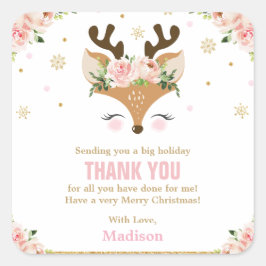 Rendier Bloemen Sneeuwvlokken Kerstmis Dank u Vierkante Sticker