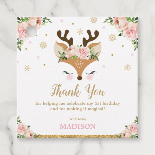 Rendier Bloemen Sneeuwvlokken Verjaardag Dank u Bedankjes Labels (Voorkant)
