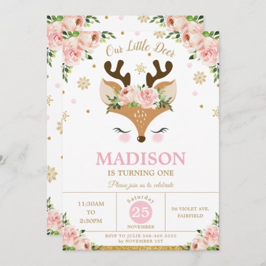 Rendier Bloemen Sneeuwvlokken Winter Verjaardagsfe Kaart (Voorkant / Achterkant)