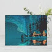 Rendier, blokhut, Noorderlicht bij een wintermeer Feestdagenkaart (Staand voorkant)