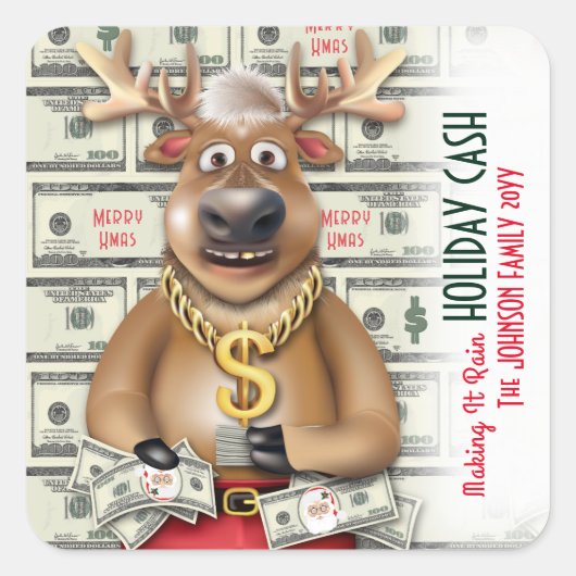Rendier Cash Santa Bucks Kerstgeld Loterij Vierkante Sticker (Voorkant)