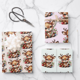 Rendier Christmas Wrapping Paper Flat Sheet-3sets