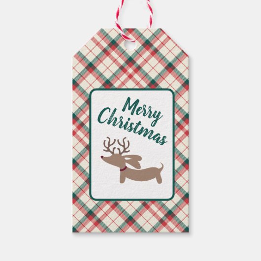 Rendier Dachshund Kerst Preppy Plaid Gift Label Cadeaulabel (Voorkant)