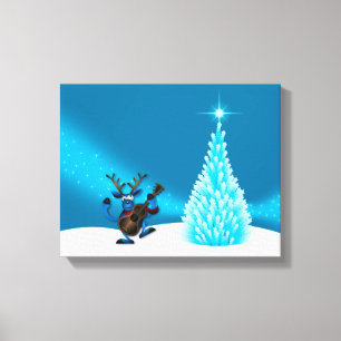 Rendier Dansende Gitaar Prettig Kerstboom Blauw Canvas Afdruk