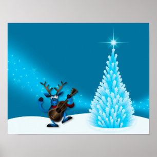 Rendier Dansende Gitaar Prettig Kerstboom Blauw Poster