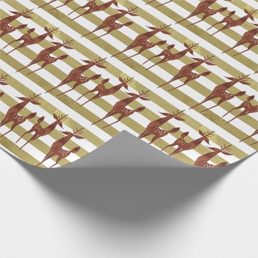 Rendier elegant  goud wit gestreept cadeaupapier (Hoek)