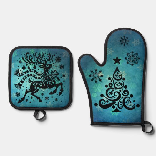 rendier en kerstboom ovenwant & pannenlap set (Voorkant)