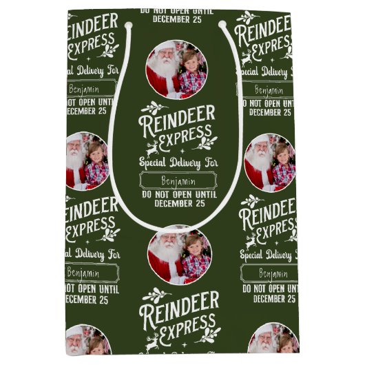 Rendier Express van Santa Name & Photo Christmas Medium Cadeauzakje (Voorkant)