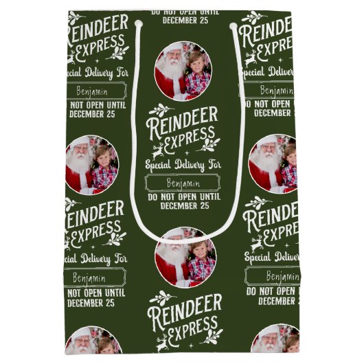 Rendier Express van Santa Name & Photo Christmas Medium Cadeauzakje (Achterkant)