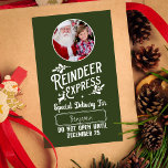 Rendier Express van Santa Name & Photo Christmas Rechthoekige Sticker<br><div class="desc">Voeg een bijzondere magische touch toe aan het cadeau van uw kleintje van de Kerstman met een aangepaste groene en witte vakantie sticker van rendier express! Dit gepersonaliseerde kerstontwerp biedt ook de mogelijkheid om de naam van uw kind en een foto toe te voegen.</div>