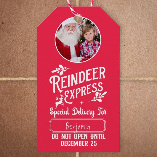 Rendier Express van Santa w / Foto Kerstmis Rood Cadeaulabel