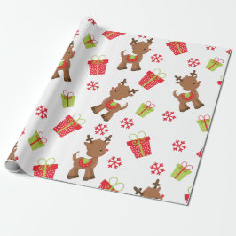 Rendier Geeft Sneeuwvlokken Kerstpatroon Cadeaupapier