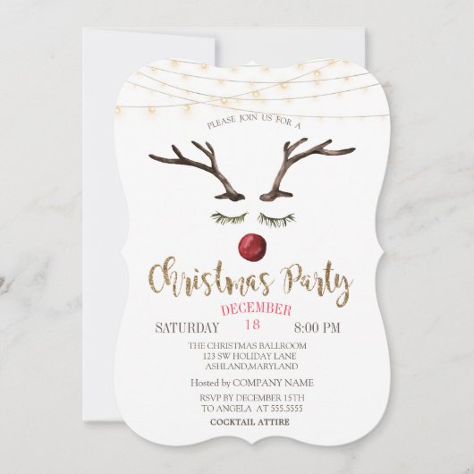 Rendier Gezicht, String Lights Goud Kerstbedrijf Kaart (Voorkant)