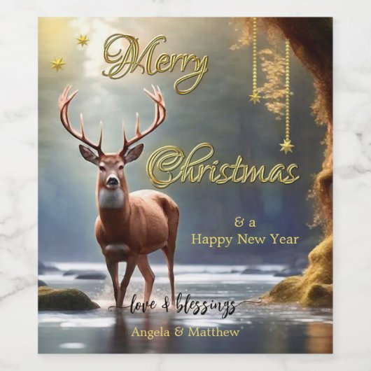 Rendier Gold Stars Kerstmis Wijn Etiket (Enkel label)