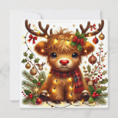 Rendier Highland Koe met vakantielichten Feestdagenkaart (Voorkant)