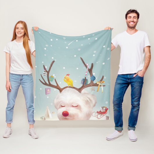 Rendier Hond met Kerstmis Ornamenten Fleece Deken (In situ)