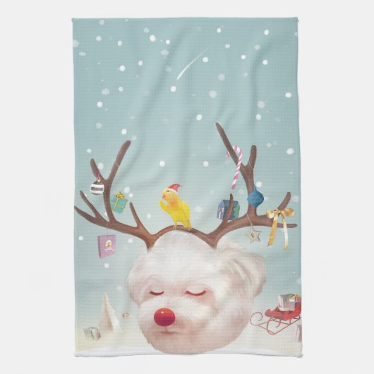 Rendier Hond met Kerstmis Ornamenten Theedoek (Verticaal)