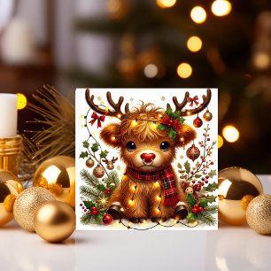 Rendier Hooglandrund met Kerstverlichting Feestdagenkaart