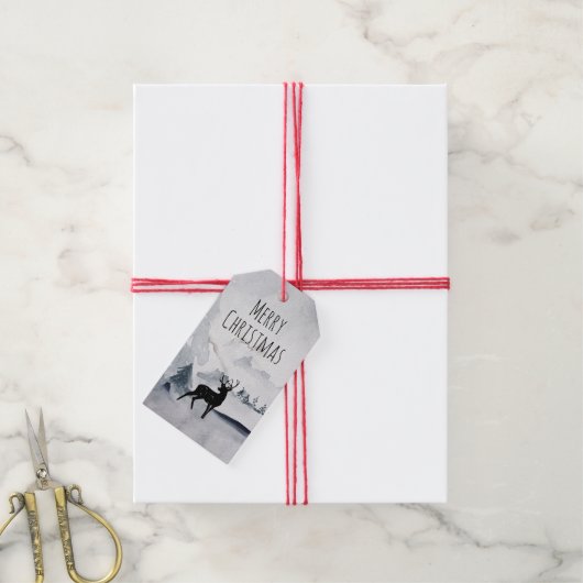 rendier in de Wilde Grijze Waterverf Kerstmis Cadeaulabel (Met Touw)