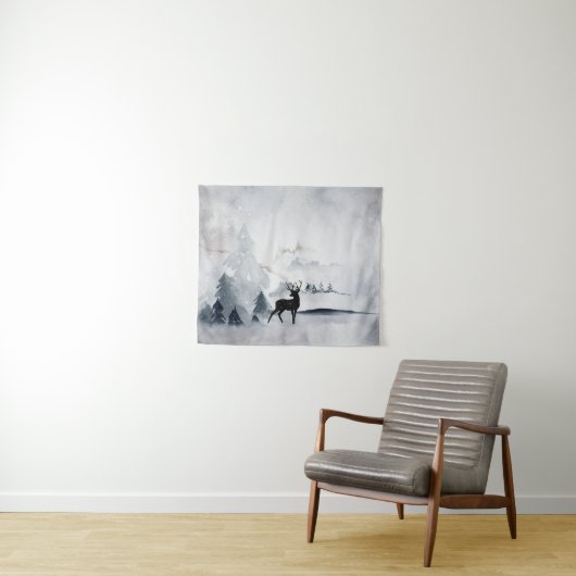 rendier in de Wilde Grijze Waterverf Kerstmis Wandkleed (In Situ (horizontaal))